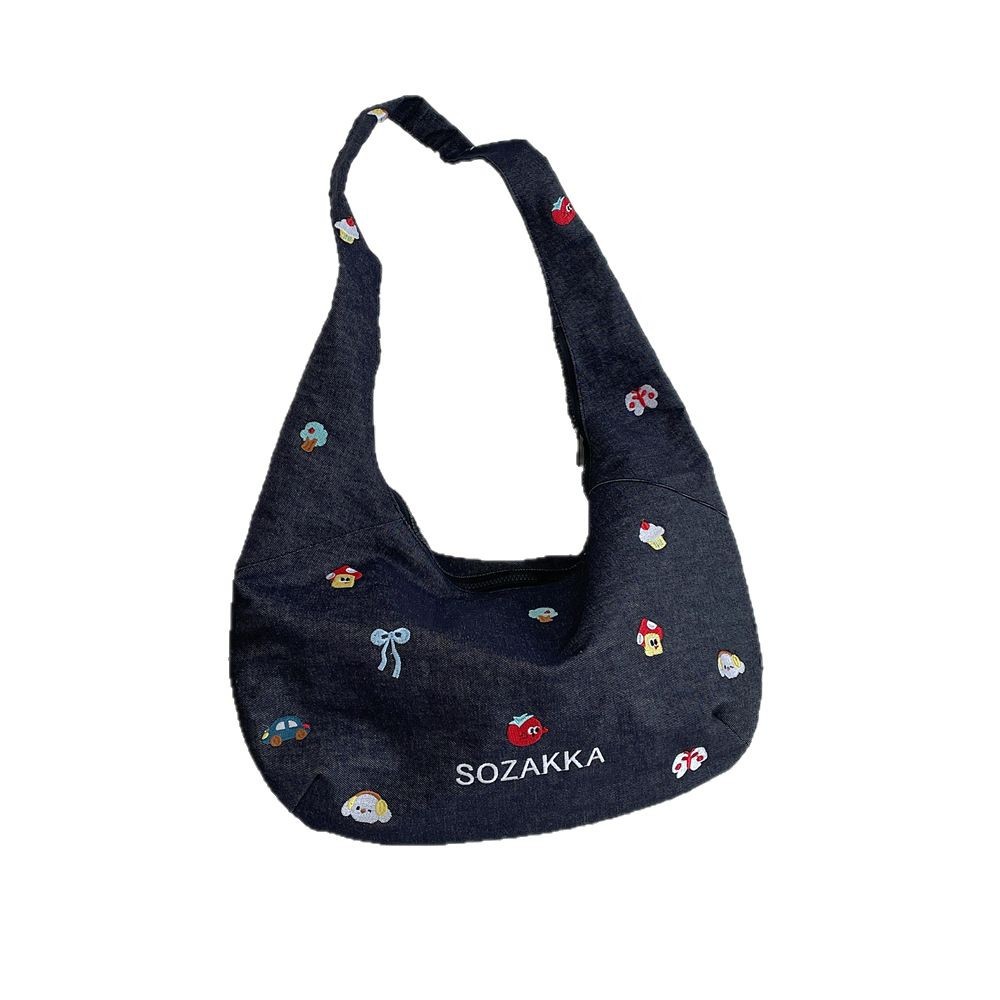 52232 denim crossbody bag, a versatile Korean-style embroidered single-shoulder tote bag, and an ins simple student fabric bag Item Picture