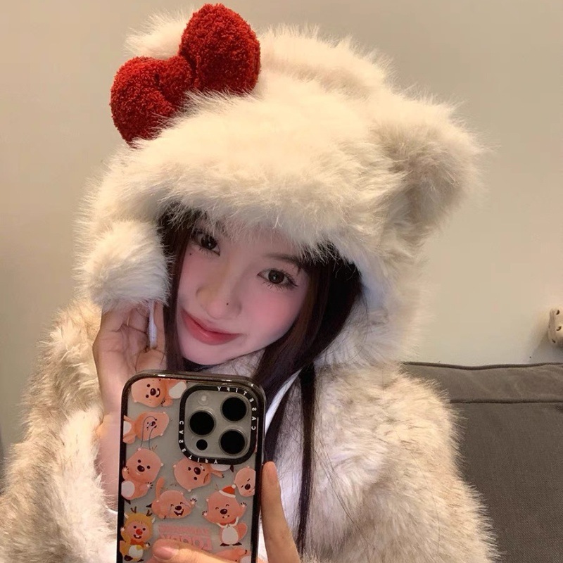 Cute cat bow woolen hat, Korean winter girl's heart, fashionable and warm, Lei Feng hat, anti-freezing ear hat for women full figure