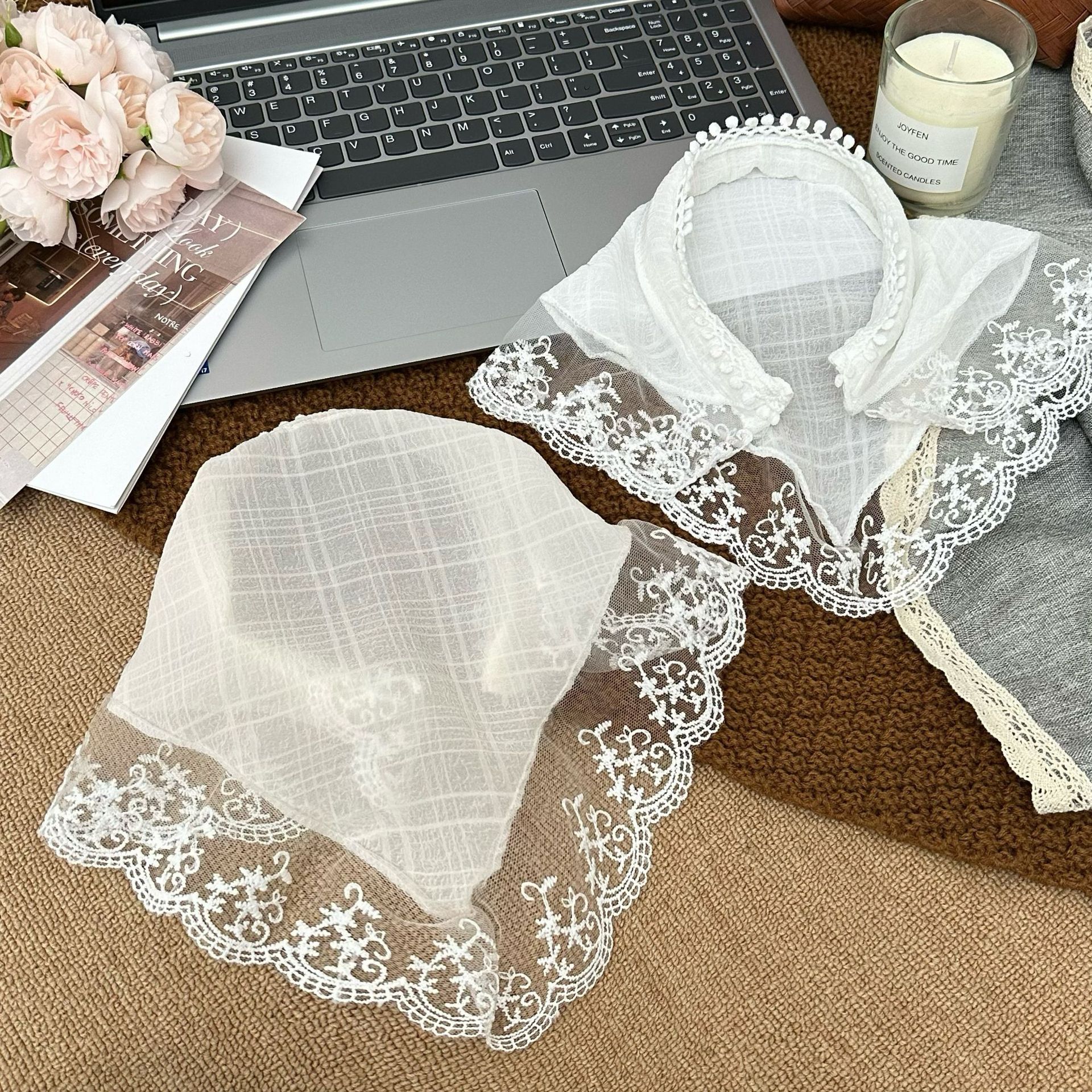 Spring French white lace triangular headband headscarf, seaside headscarf, country-style retro silk scarf and hair band, fashionable Item Picture
