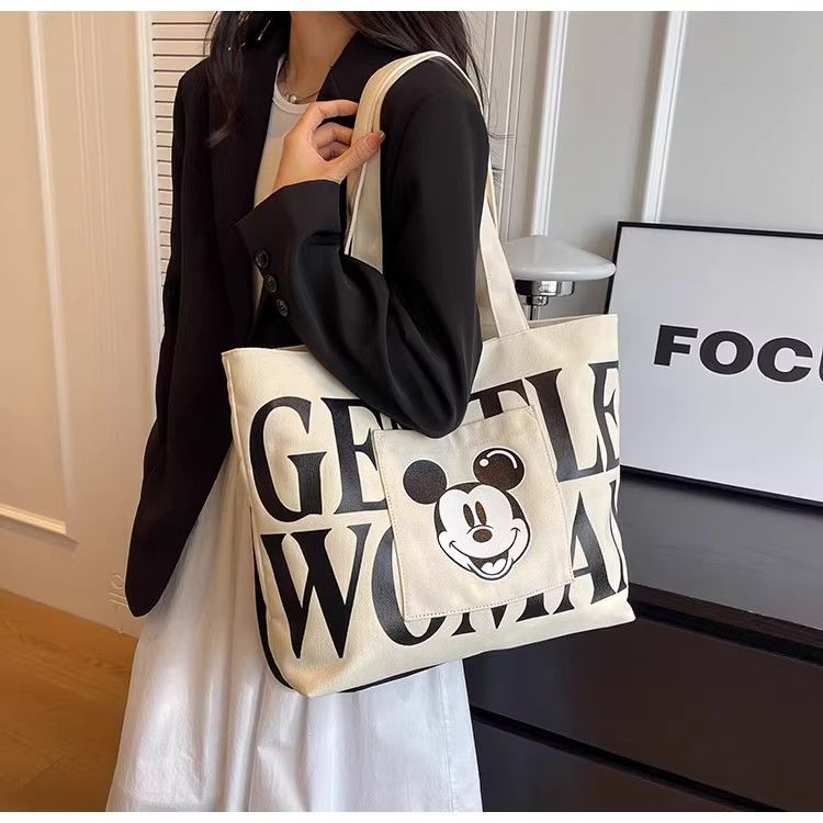 Large-capacity canvas bag for women, 2024 new letter-shaped Mickey Mouse handbag, shopping bag, college student single-shoulder tote bag details Picture