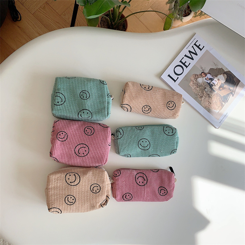 211122 Autumn and Winter retro corduroy smiling face makeup bag Lipstick Coin Bag Large Capacity portable storage bag details Picture