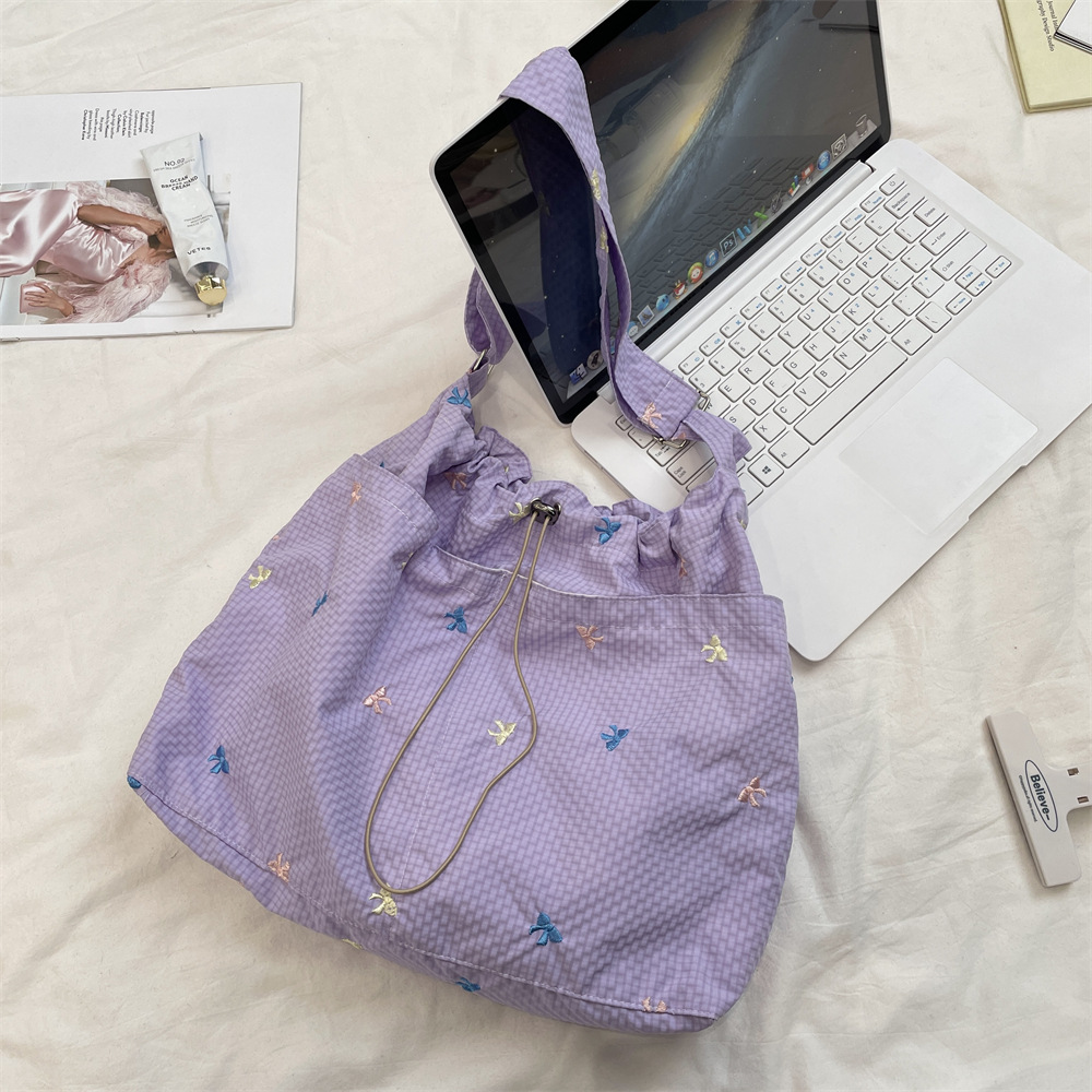 53201 Spring/Summer New style fresh and versatile embroidered bow single-shoulder bag, checkered underarm bag, laid-back canvas bag Specification drawing