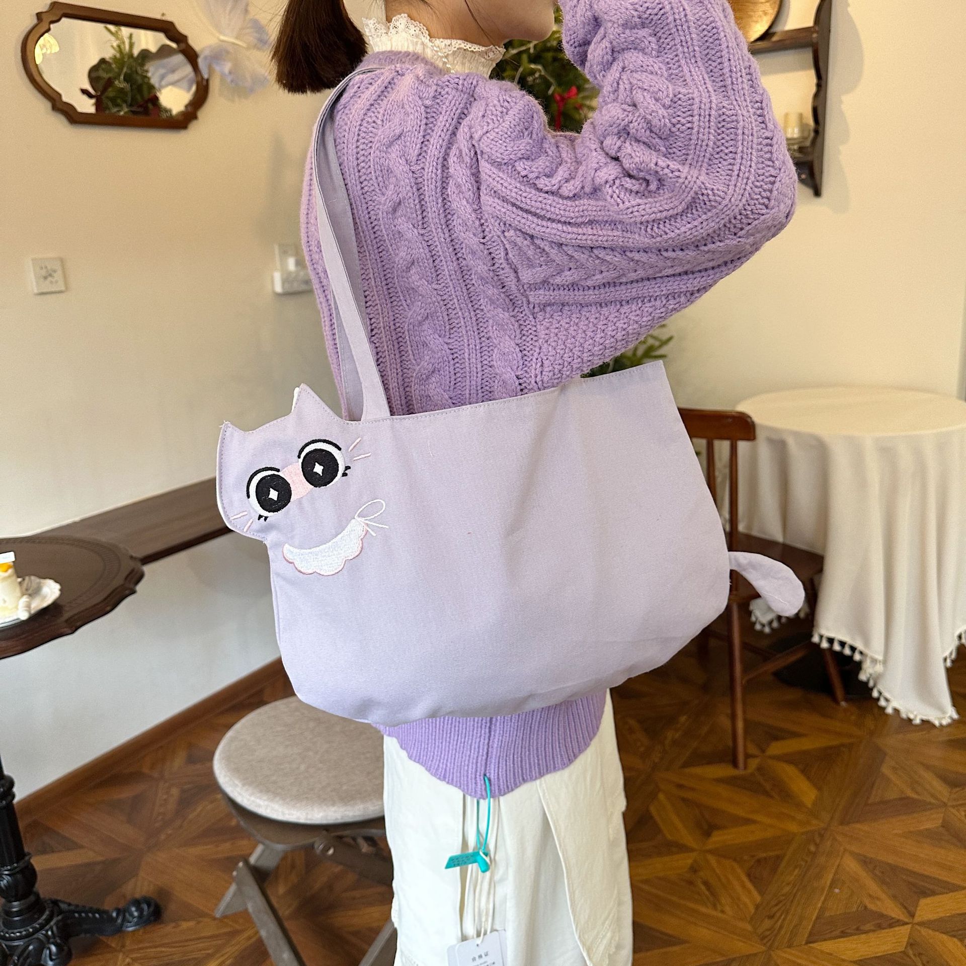 52211 Cartoon cat Tote canvas bag, cute and adorable girl single-shoulder bag, student hand-held large-capacity shopping bag full figure