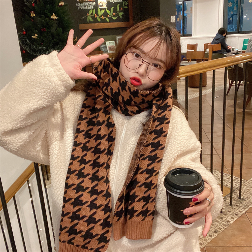 012172 Winter new knitted warm windproof scarf, versatile thousand bird pattern couple's scarf, Korean-style shawl for women Specification drawing