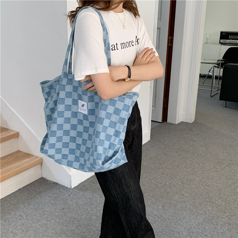 Wholesale 16241 Korean version checkerboard large capacity Tote bag, denim canvas single-shoulder bag, female student hand-held cloth bag details Picture