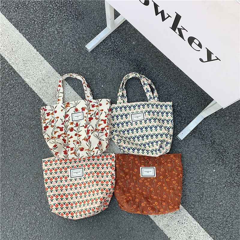 2112 Corduroy woven label hand-held bento bag, ins Artistic and retro, small commuting bag for work, Mommy lunch box bag Item Picture