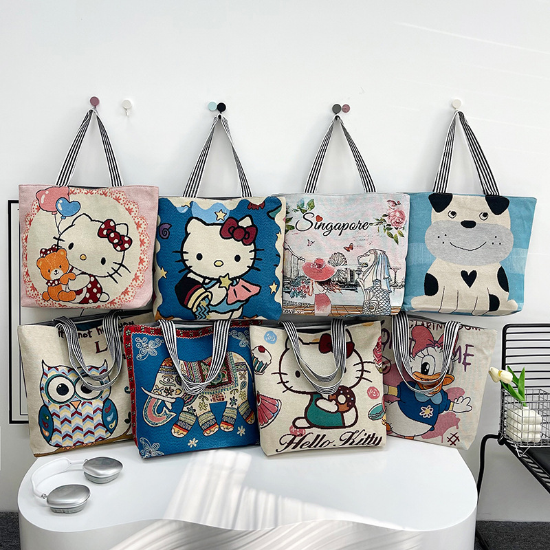 Corporate group purchase of large canvas tote bags, business live streaming of cartoon animals, elephants, KT cats, large-capacity embroidered single-shoulder bags full figure