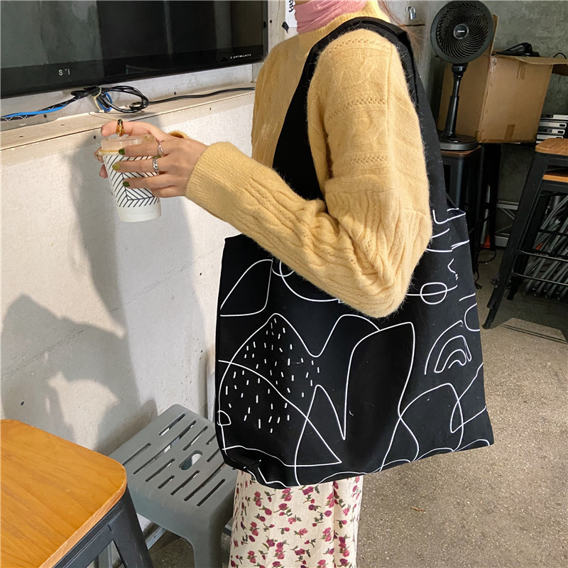 011283 Japanese and Korean chic simple illustration hand-held bag, shoulder bag, large-capacity crossbody casual shopping bag details Picture
