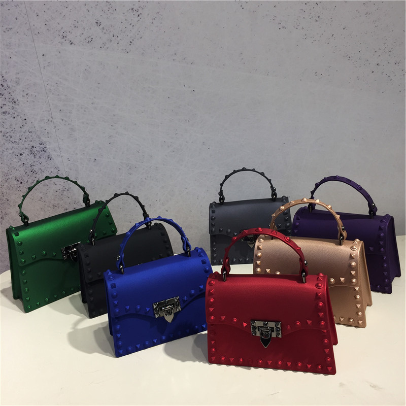 2025 New European and American fashion matte pvc jelly bag, trendy color diamond rivet hand shoulder crossbody bag Specification drawing