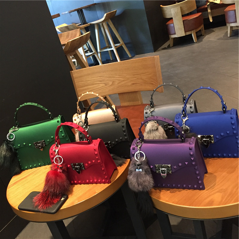 2025 New European and American fashion matte pvc jelly bag, trendy color diamond rivet hand shoulder crossbody bag full figure