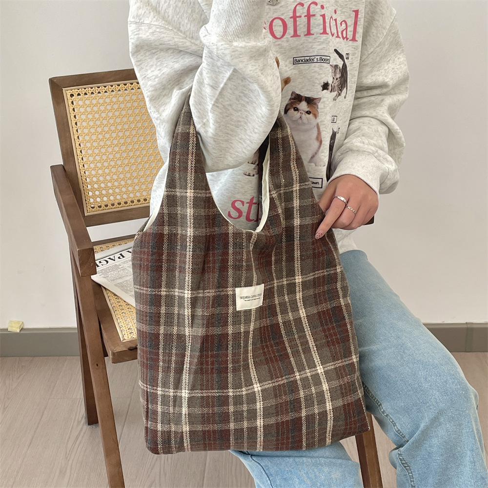 410262 Autumn and winter woolen single-shoulder bag for women, retro checkered tote bag, large capacity, simple commuting canvas bag Specification drawing