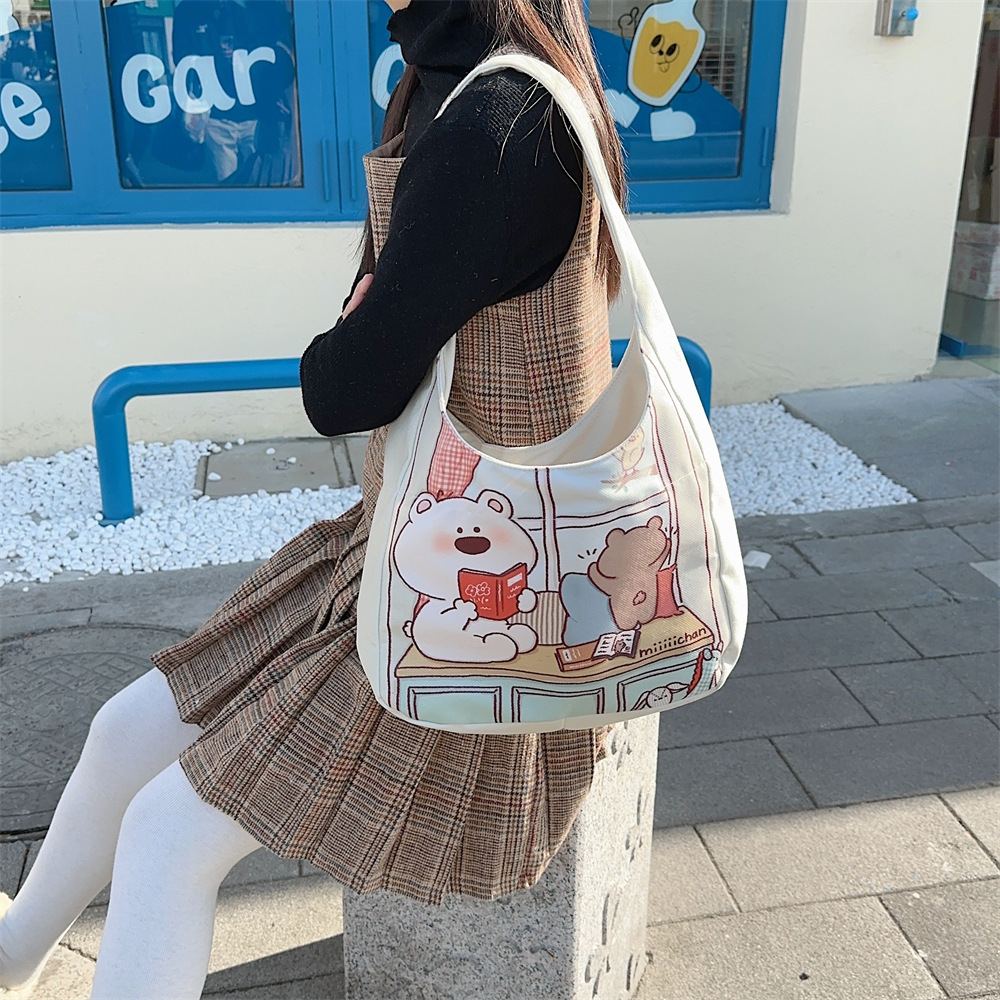 M312111 Cartoon Bear printed canvas tote bag, large-capacity student fashionable commuting single-shoulder bag, underarm bag Specification drawing