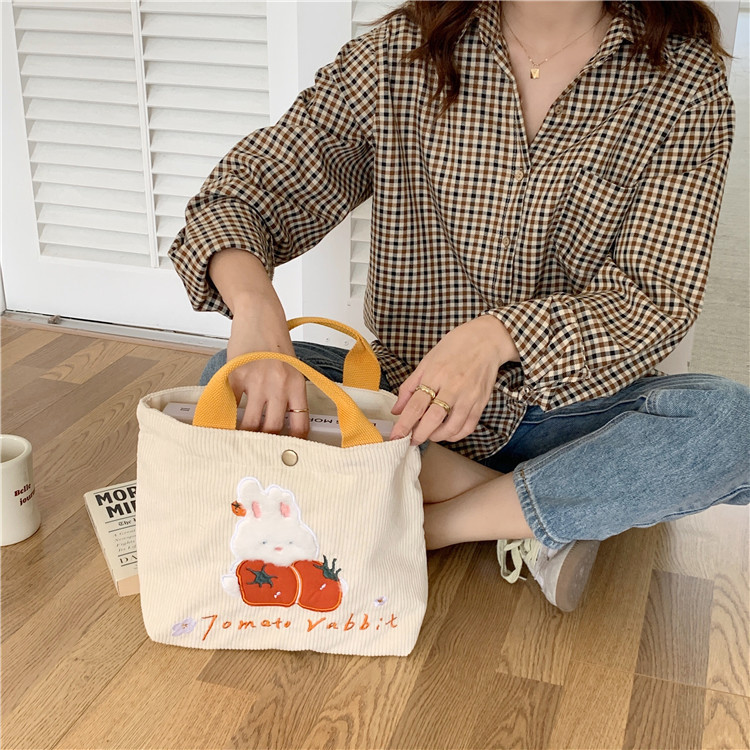 11097 Cute Cartoon rabbit embroidered canvas bag Corduroy tote bag for female students' commuting to work lunch box Item Picture