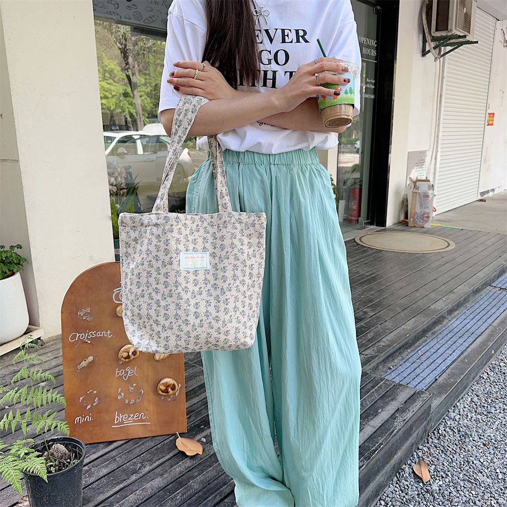 44203 Floral canvas bag, textured cotton and linen large-capacity single-shoulder handbag, casual student shopping bag Specification drawing