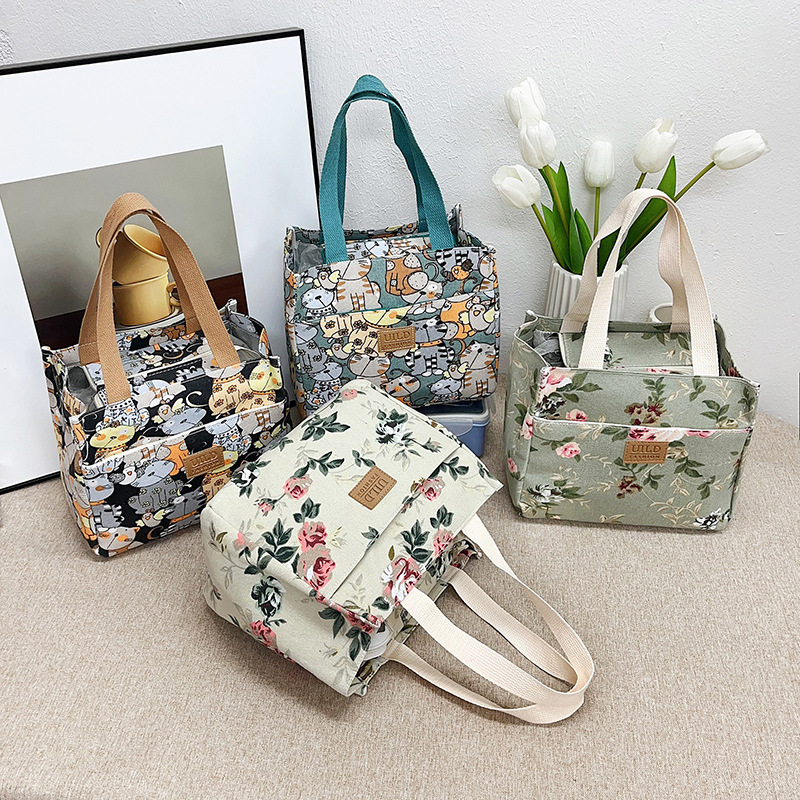 Japanese-style bucket-shaped tote canvas bag, versatile for going out, hand-held bento box bag, large-capacity handbag full figure