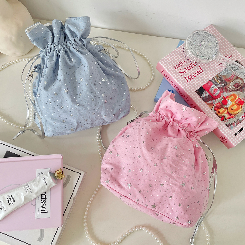 54183 Korean version star sequined fashionable and fresh single-shoulder bag, new canvas bag drawstring drawstring crossbody bag details Picture