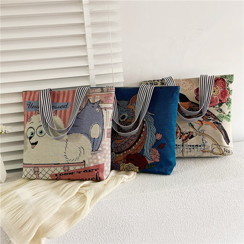 Wholesale Tote bags 2025 new trendy ethnic style shopping bags, cartoon linen embroidered large-capacity bags details Picture