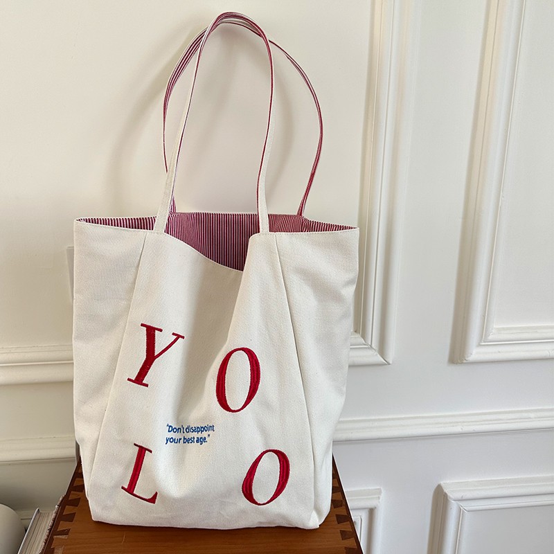 Canvas simple large-capacity bag for women, new summer 2025 double-sided single-shoulder bag, student class underarm tote bag Specification drawing
