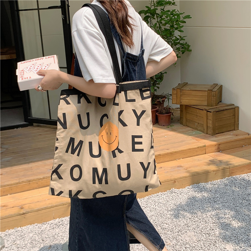 19152 Smiling face letter canvas bag, Korean-style ins girl single-shoulder bag, handbag, large capacity shopping bag, tote bag details Picture