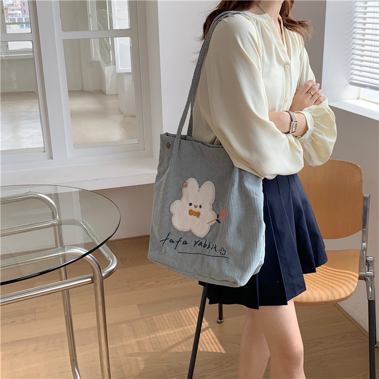 【 In Stock 】110102 Japanese-style corduroy cute embroidered single-shoulder bag, student schoolbag, artistic cloth bag Specification drawing