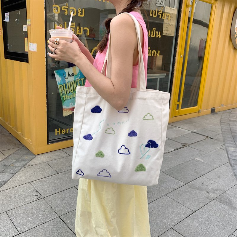 3762 Japanese-style Little Cloud Tote canvas bag with embroidery, versatile and artistic single-shoulder handbag, large-capacity vest bag Specification drawing
