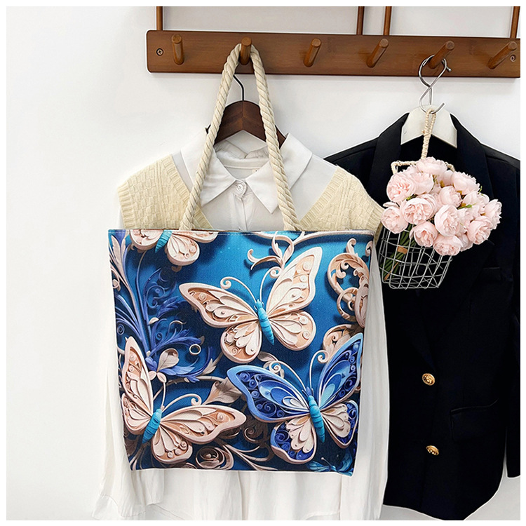 Wholesale of cross-border women's retro double-sided embroidered canvas bags, single-shoulder bags, fashionable linen cotton rope simple handbags details Picture