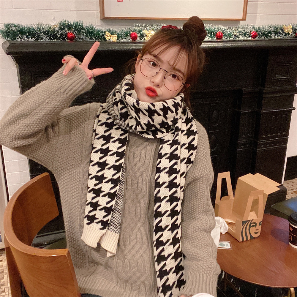 012172 Winter new knitted warm windproof scarf, versatile thousand bird pattern couple's scarf, Korean-style shawl for women full figure
