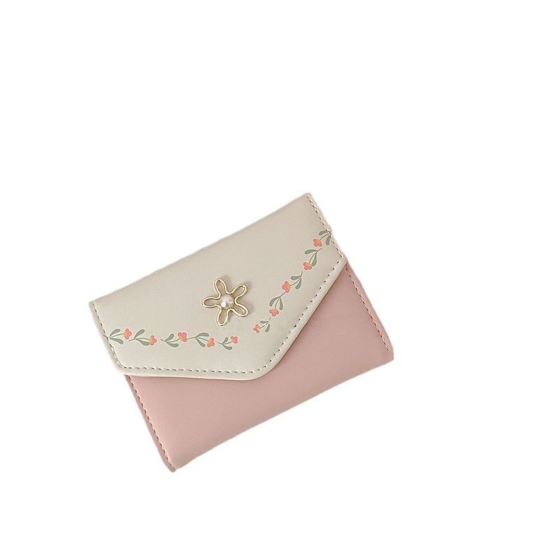New Korean version small wallet for girls, short print, fresh and clean, 30% off for cross-border trade, large-capacity student coin purse for girls Item Picture
