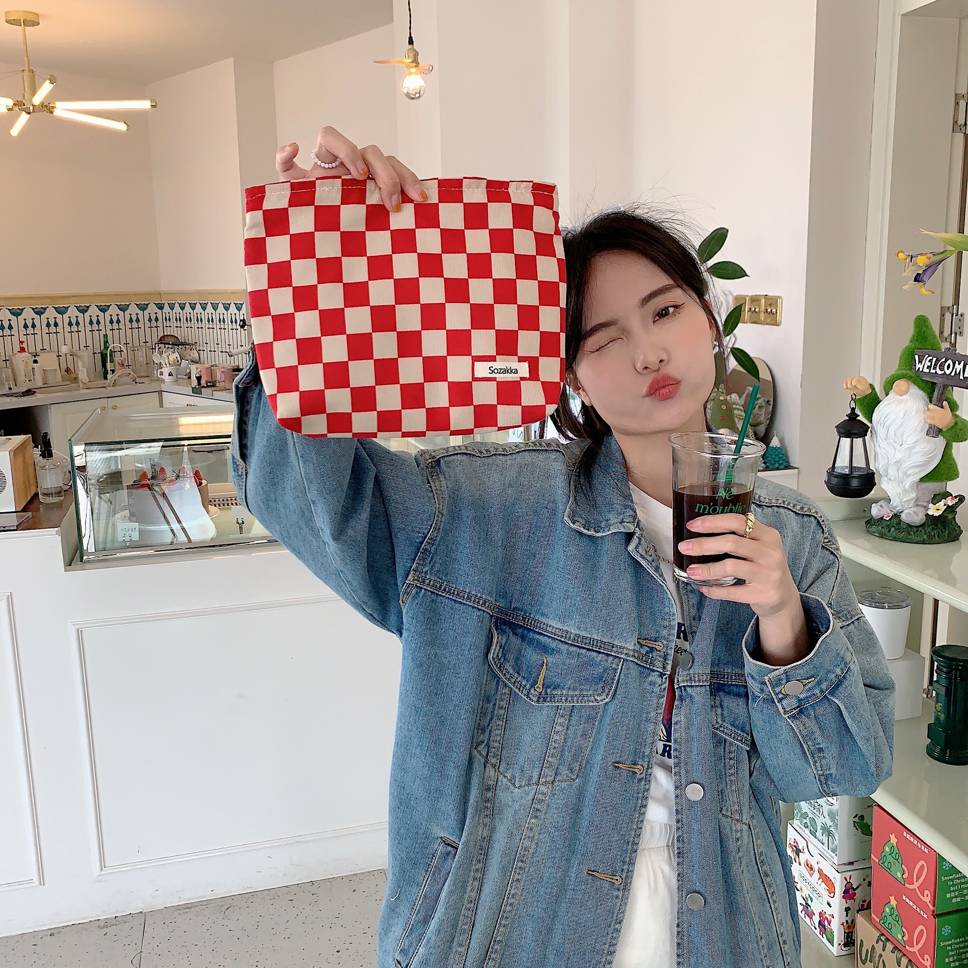 111306 Corduroy checkered makeup bag, color-blocking checkered washbasin storage bag, women's clutch, cosmetics Specification drawing