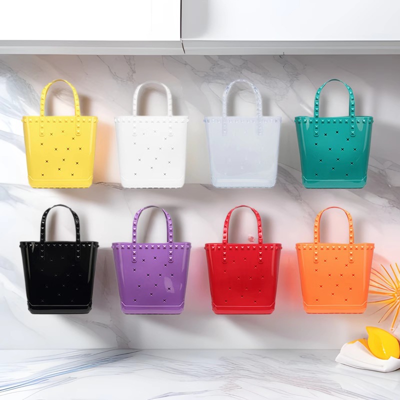 2025 New PVC cross-border jelly bag, niche women's bag, fashionable hollowed-out vegetable basket, diy hand-held beach bag full figure