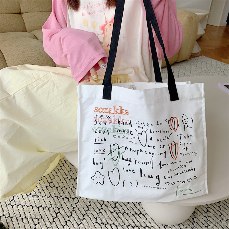 36273 Japanese and Korean canvas bag for women, versatile large-capacity embroidered and printed hand-held shoulder bag, student class bag Application Scenario