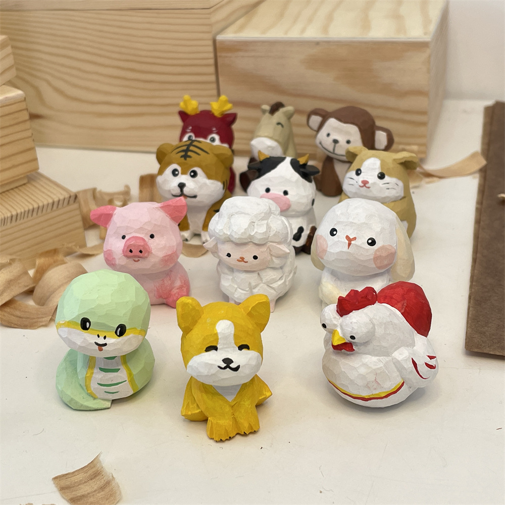 MXX41015 Wood-carved Chinese zodiac small office desk decoration, keychain, car pendant, small gift Specification drawing