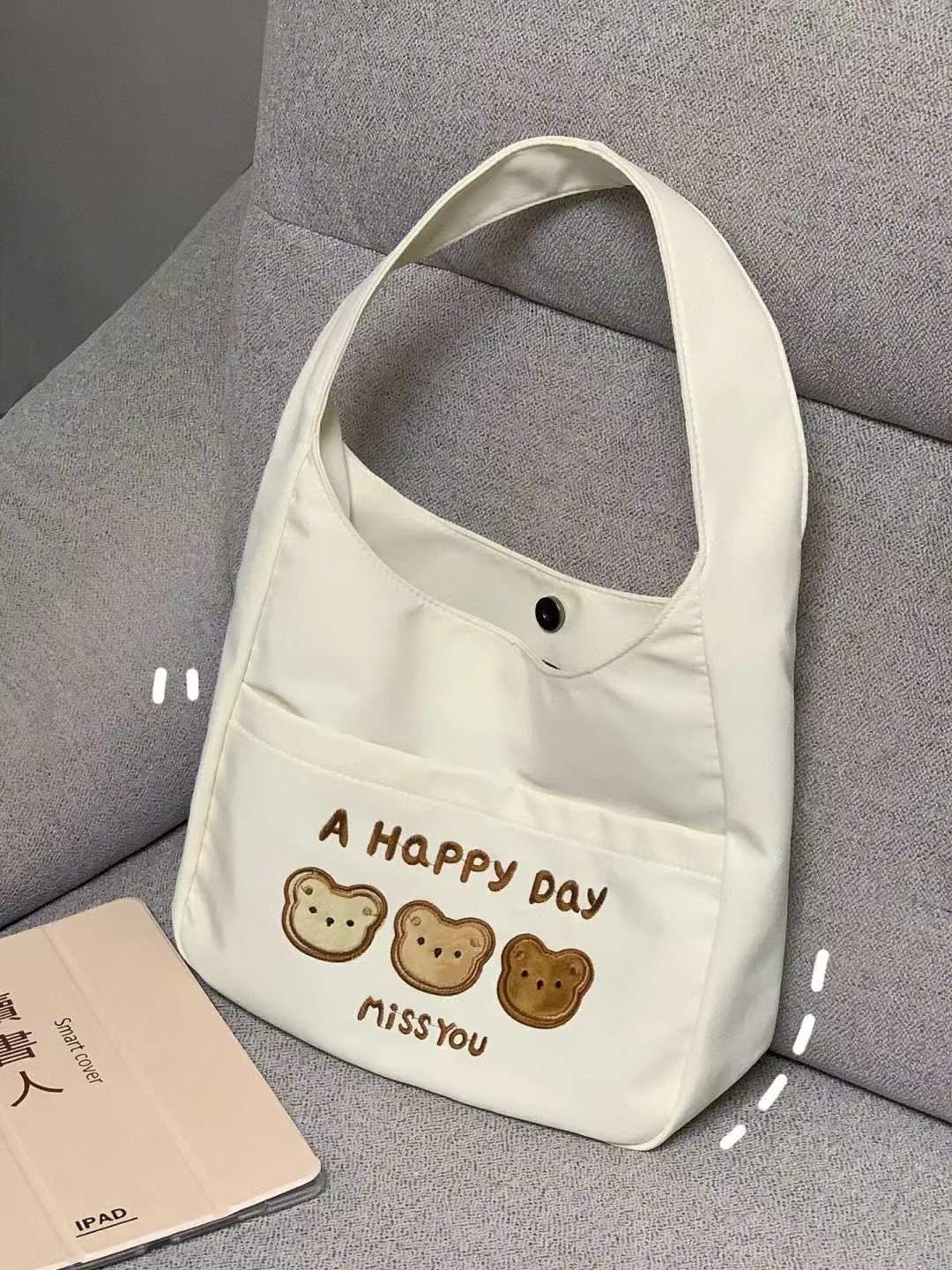 ins windsail cloth bag for girls, large-capacity student class single-shoulder tote bag, casual, cute and versatile bear shopping bag Specification drawing