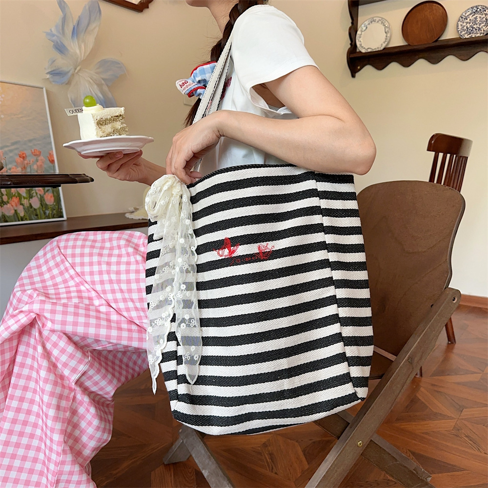 46111 Korean-style striped simple double-sided canvas bag 2024 Summer New large-capacity student shopping single-shoulder bag Specification drawing