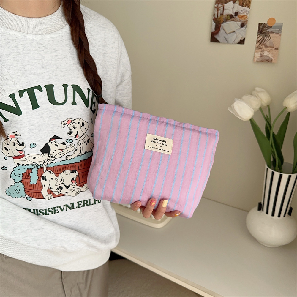 311024 ins canvas striped makeup bag for women, portable large-capacity inner liner storage bag, skincare and toiletries bag full figure