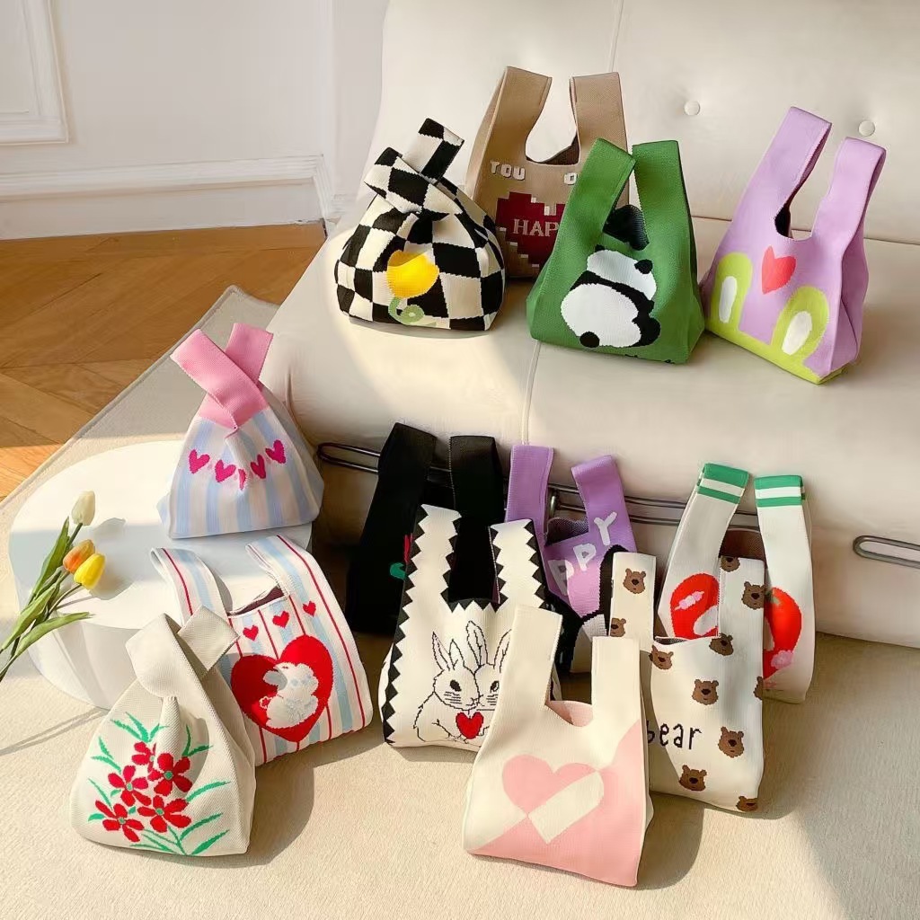 2024 New style knitted hand-held bag, bow tote bag, women's woolen bag, versatile daily casual handbag Specification drawing