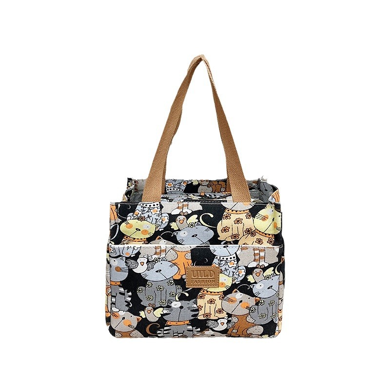 Japanese-style bucket-shaped tote canvas bag, versatile for going out, hand-held bento box bag, large-capacity handbag Item Picture