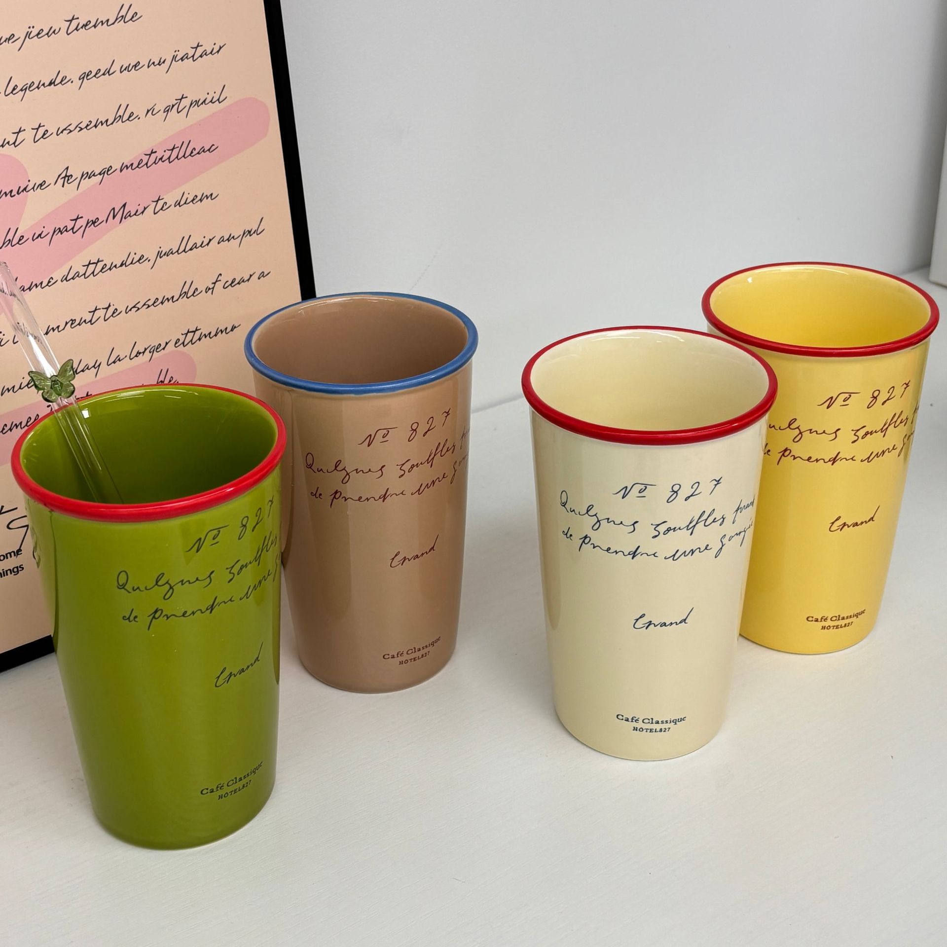 Xiaohongshu blogger's style ~ Retro letter mugs, ins colored edge ceramic cups, casual coffee cups, water cups, milk cups full figure