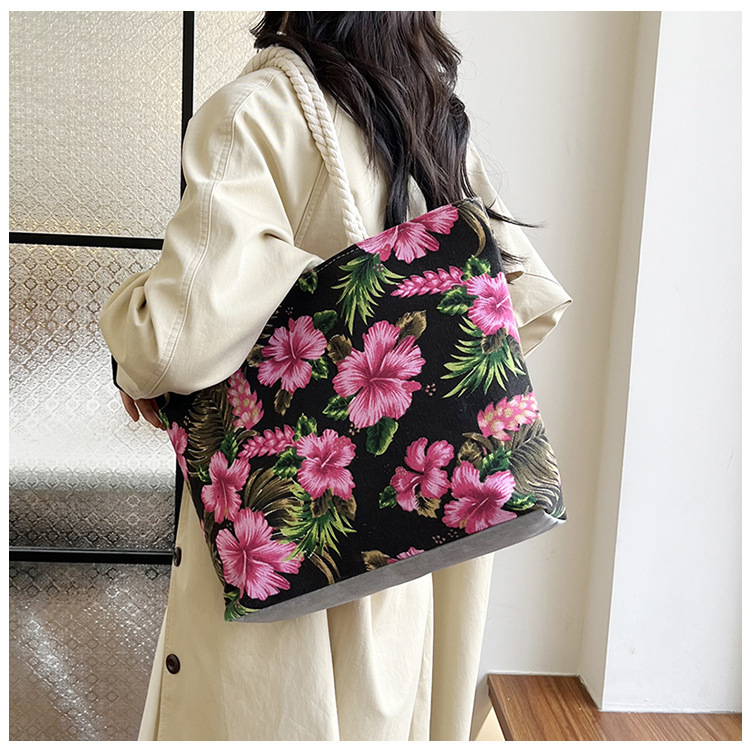 Wholesale of new cross-border tote bags, double-sided printed canvas bags, floral fabric single-shoulder bags, women's bags, ethnic style large-capacity bags Specification drawing