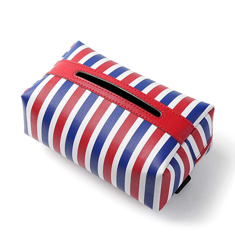 Car tissue box, sun visor, hanging three-color fabric, new French red, blue and white creative handrail strap tissue box Application Scenario