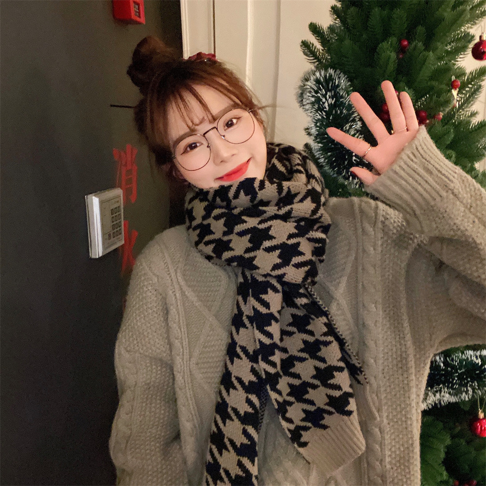 012172 Winter new knitted warm windproof scarf, versatile thousand bird pattern couple's scarf, Korean-style shawl for women Item Picture