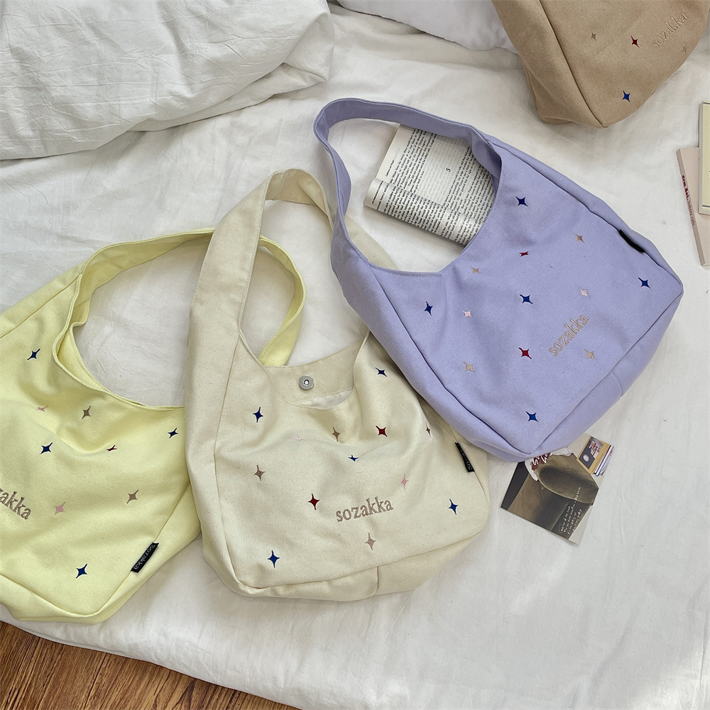 5362 Korean version star embroidery underarm bag, large-capacity commuting canvas bag, schoolbag for girls, travel bag Specification drawing