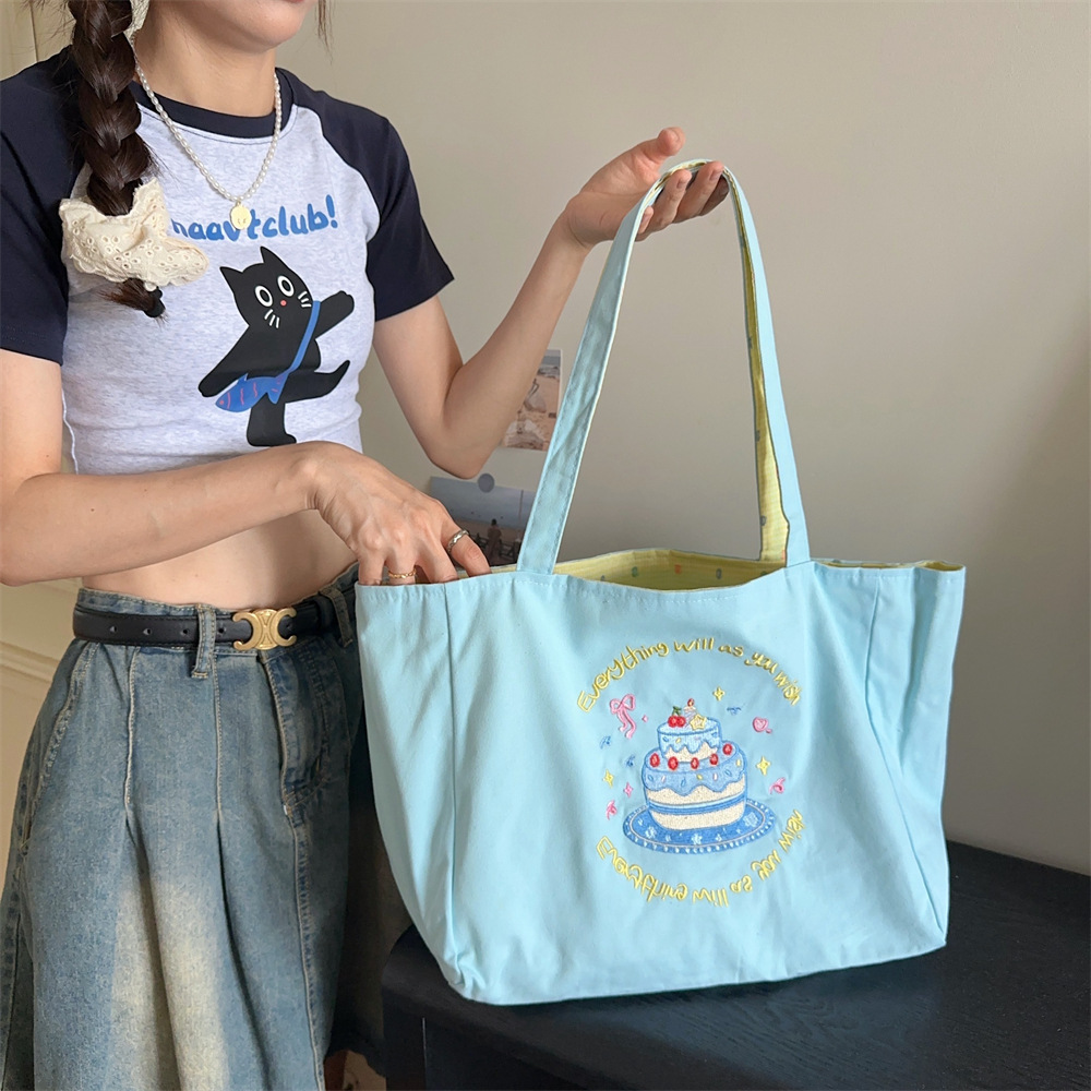 46231 Fresh and contrasting color dual-purpose single-shoulder large-capacity tote bag, lazy style embroidered canvas bag, college student backpack full figure