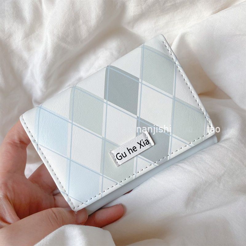 Haiyan blue checkered wallet, simple and ins-style Korean multi-functional student wallet, loose change card bag, one-piece bag with zipper details Picture