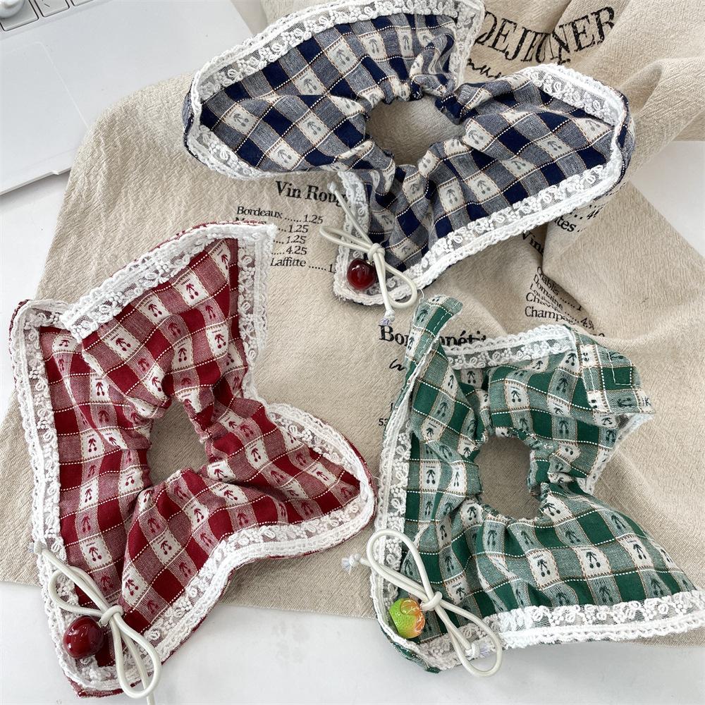 53302 Large Intestine Hair Band Korean windmill Hair band Spring New Style Red checkered cherry square Scarf ponytail elastic Hair band full figure