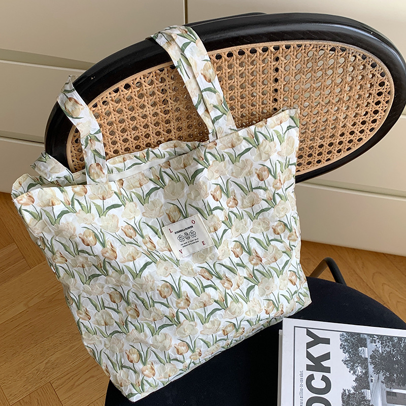 34273 Sweet Bubble tulip single-shoulder bag, ins hand-held student canvas bag, large-capacity underarm bag for girls details Picture