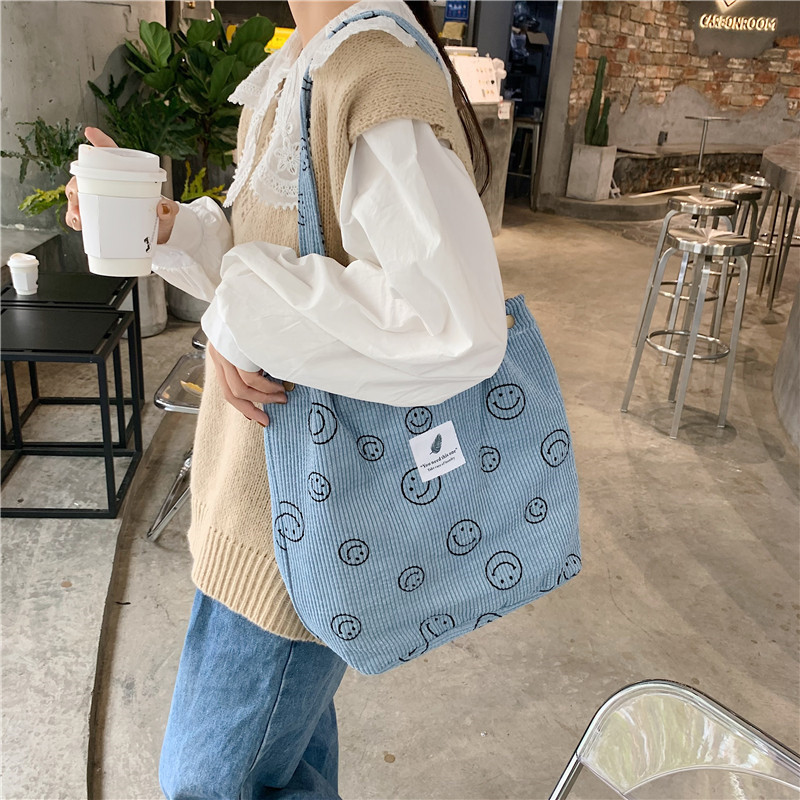 012174 Retro corduroy smiley single-shoulder tote bag for female students, canvas bag for class, simple hand-held cloth bag full figure