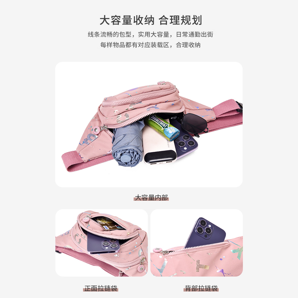 Wallet, waist bag, crossbody bag, women's bag, 2024 new large-capacity lightweight small bag, chest bag, nylon fabric single-shoulder bag Specification drawing