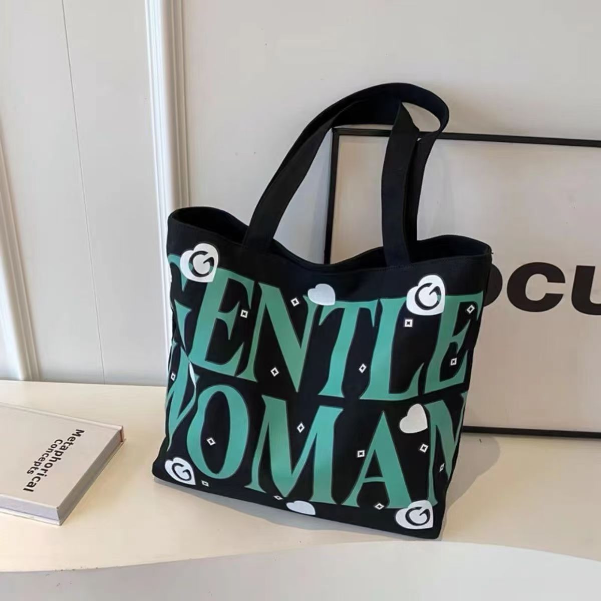Student canvas bag, large-capacity tote bag, class commuting bag, versatile printed mommy hand bag, shoulder bag, shopping bag details Picture
