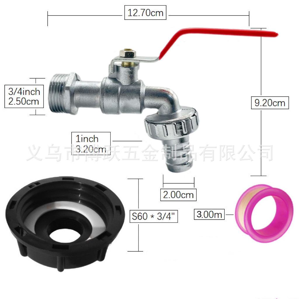 Zinc alloy faucet IBC ton bucket accessory set 1/2 3/4 garden faucet S60 ton bucket adapter Specification drawing